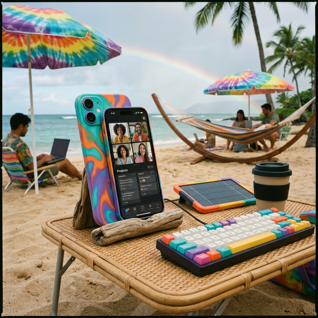 Portable beach workstation with a smartphone displaying a video call and a colorful keyboard.
