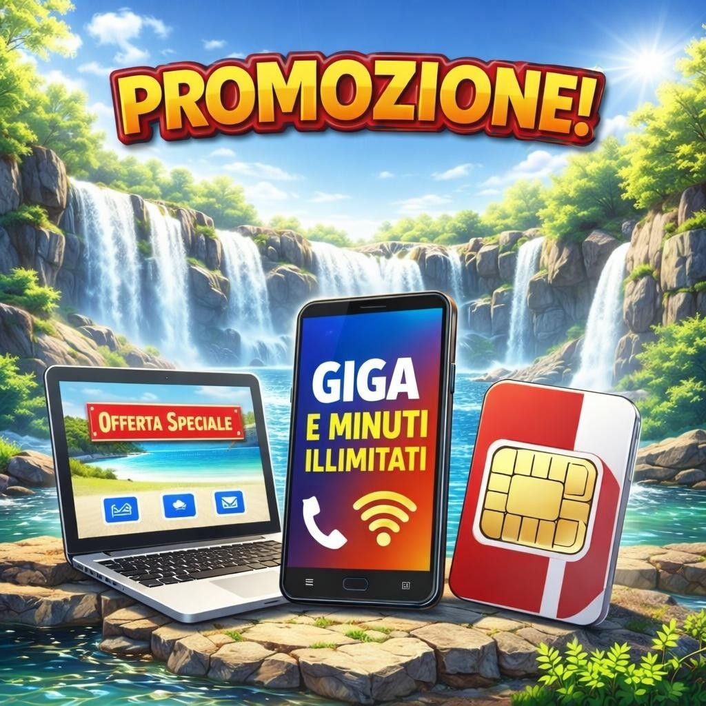 Laptop with special offer, smartphone showing unlimited data and calls, and SIM card