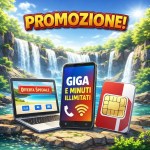 Laptop with special offer, smartphone showing unlimited data and calls, and SIM card